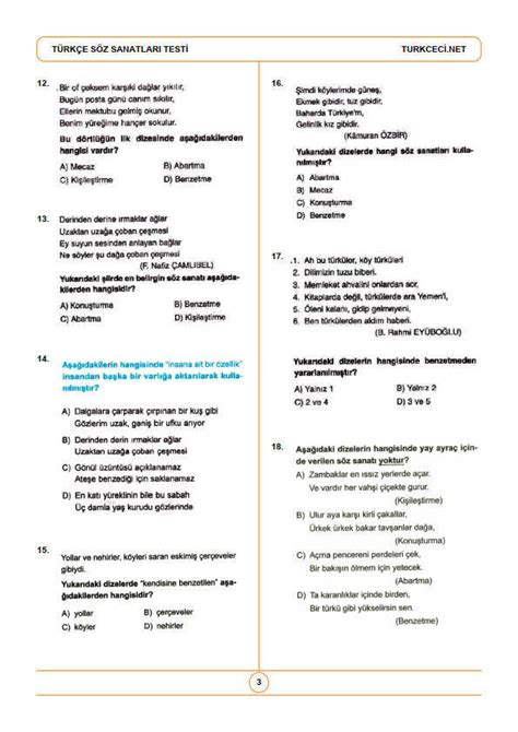 6 sınıf söz sanatları test pdf